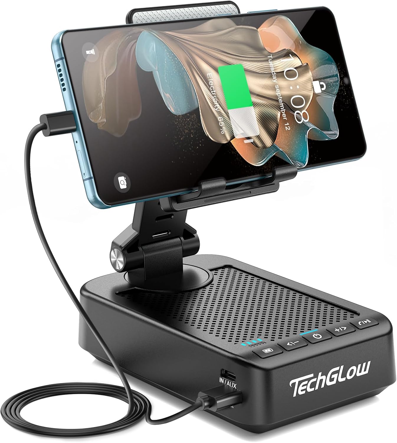 Revolutionize Your Workspace: TechGlow Foldable Cellphone Stand with Bluetooth Speaker & Power Bank!